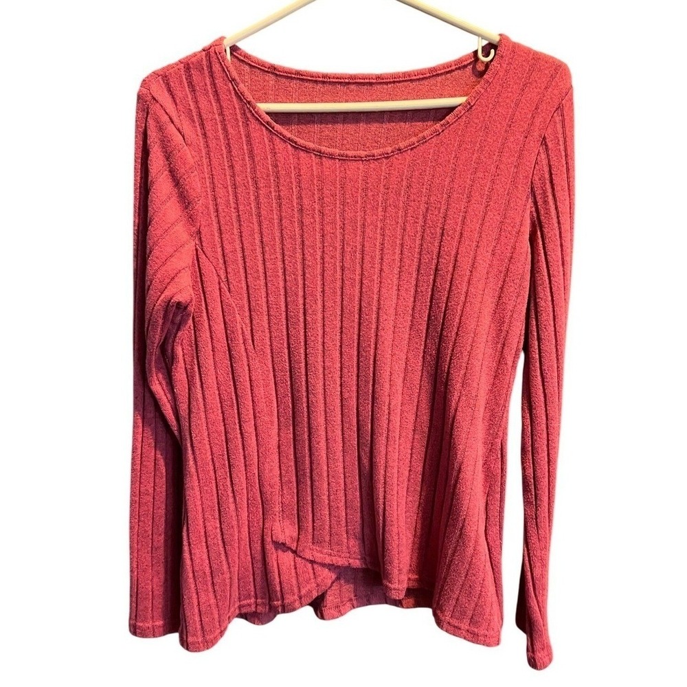 Rose Pink Ribbed Knit Long Sleeve Scoop Neck Top Women Size Large Stretch Basic